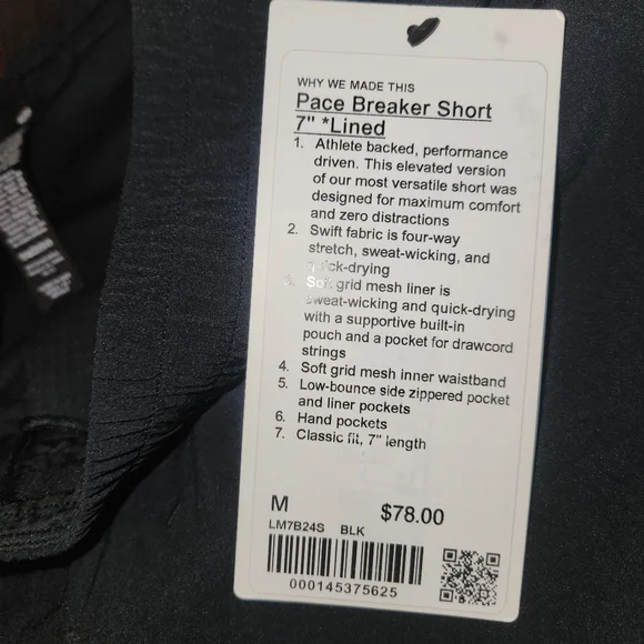 NWT Lululemon Pace Breaker Short Lined  7"  Medium  Black - Picture 4 of 4